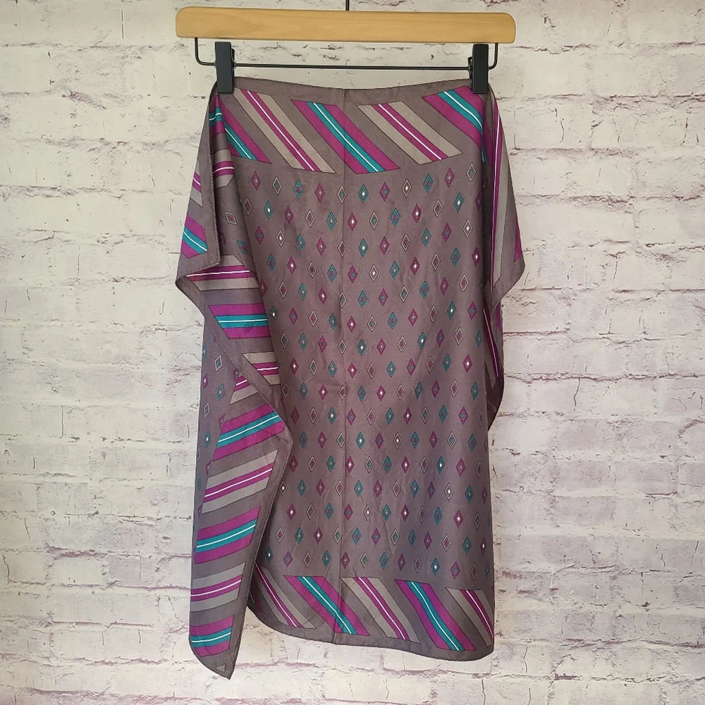 Vintage Square Scarf Grey with Teal and Purple Diamonds and Stripes Print 26x26